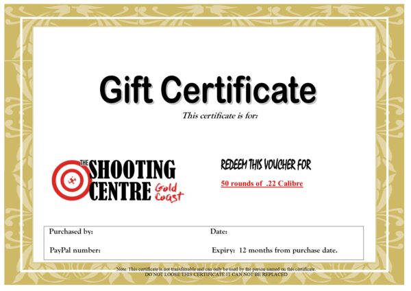 50 rounds of .22 Calibre, Gift Certificate for The Shooting Centre Gold Coast QLD