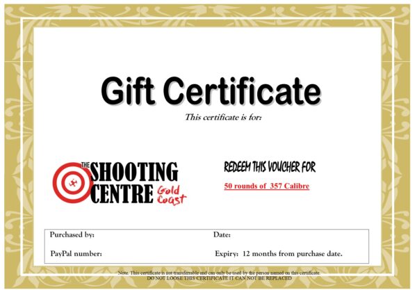 50 rounds of 357 calibre, Gift Certificate for The Shooting Centre Gold Coast