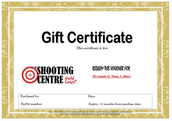50 rounds of 9mm. Calibre, Gift Certificate for The Shooting Centre Gold Coast QLD